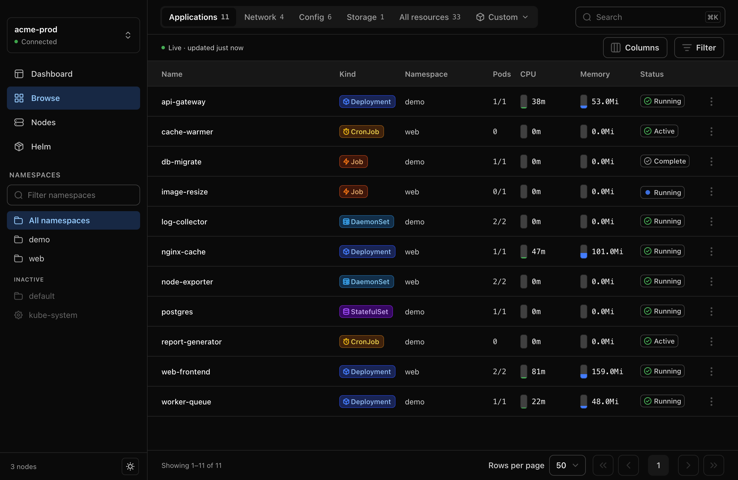 Glauco Browse screen showing a grouped, sortable table of workloads with live status and usage bars.