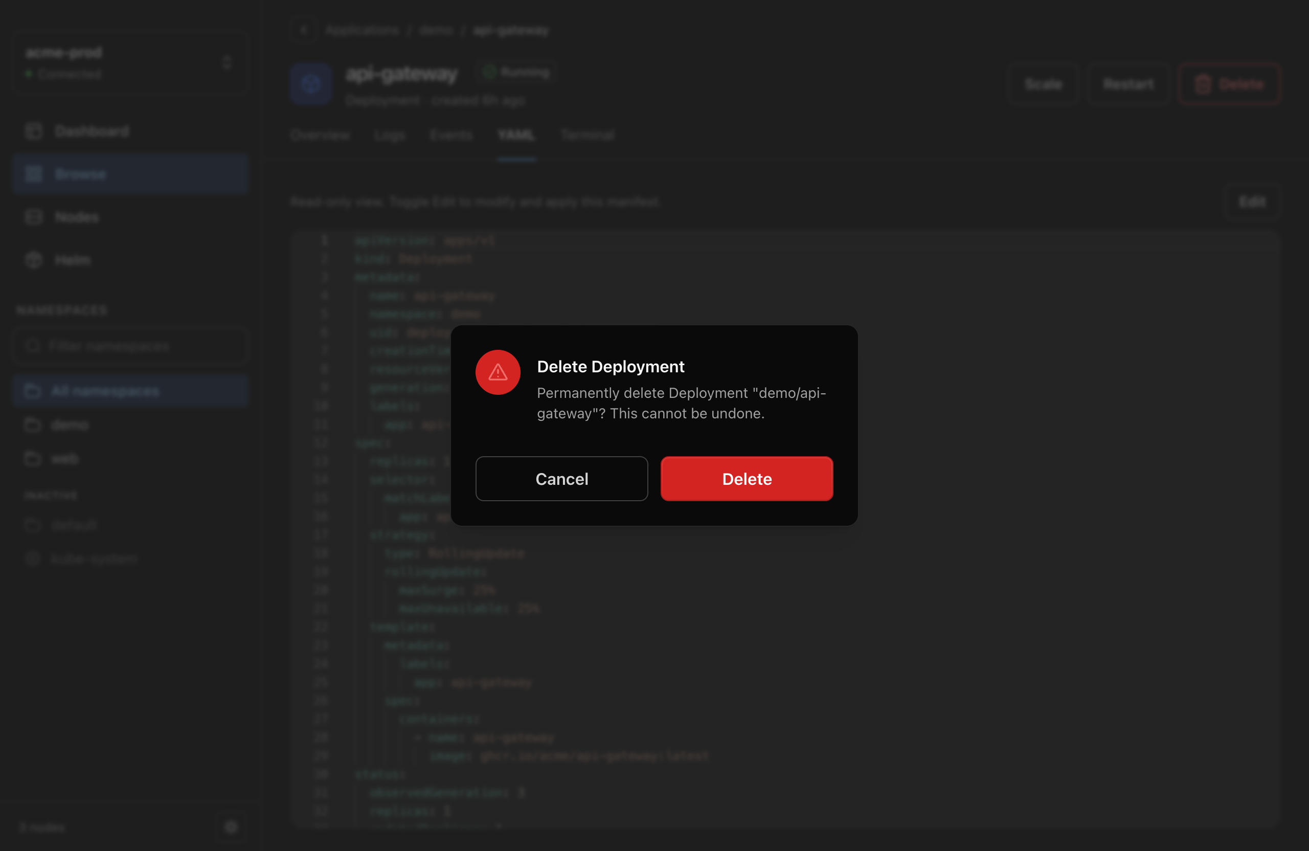 Glauco delete confirmation dialog, with Cancel focused by default and the destructive action styled in red.