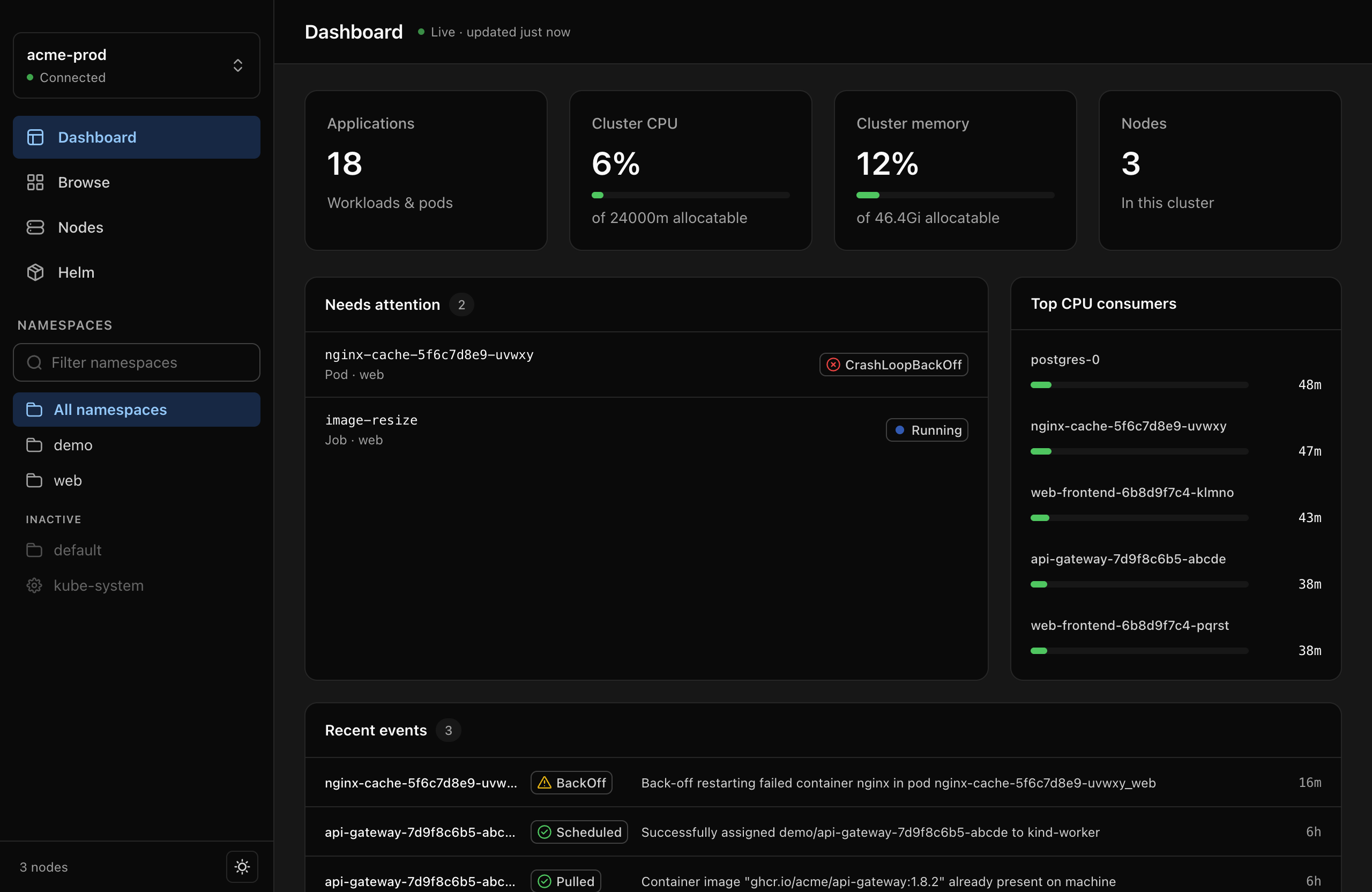 Glauco dashboard: cluster CPU and memory, workloads needing attention, top CPU consumers, and a live event feed.